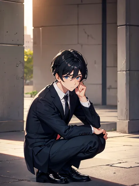 male，Beautiful Boy，suit，A little tired face，Crouching，Cute Face，Black Hair，