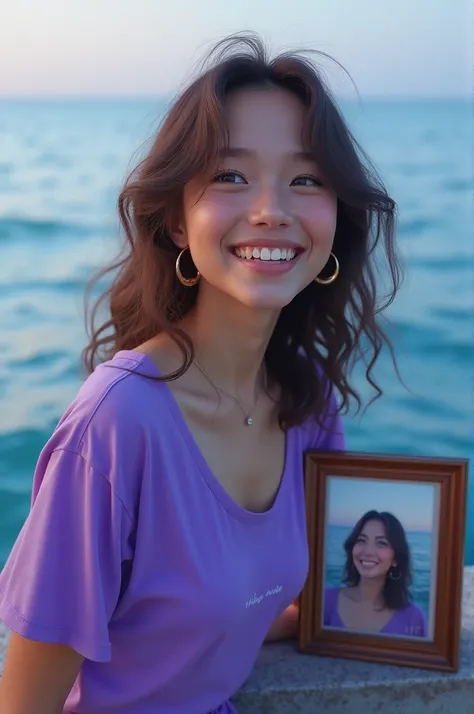 Create a hatch girl for the photo, admiring the sea, She doesn&#39;t look at the photo of herself leaning against the photo with a purple thug nine shirt, with a beautiful dimple in her smile 
