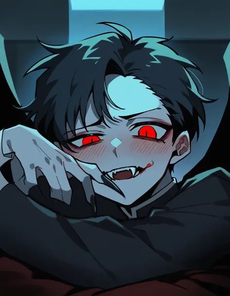 boy, vampyre, light gray skin, fluorescent red eyes, sharp fangs, slightly melancholic expression, mole below the right eye, big...