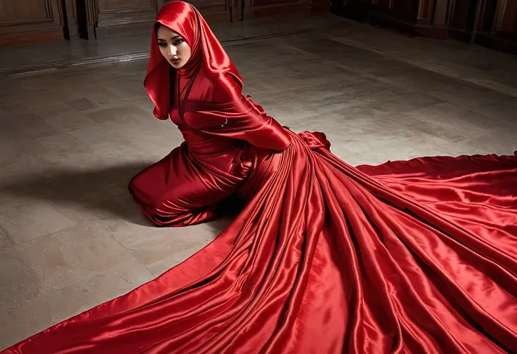 A woman shrouded in a 4-meter-long, plush red satin cloth, tightly bound and grandly draping along the form of her body, flowing off into a pooled floor-length train, styled in a mermaid-inspired outfit, her head modestly veiled in a satin hijab, a full-bo...