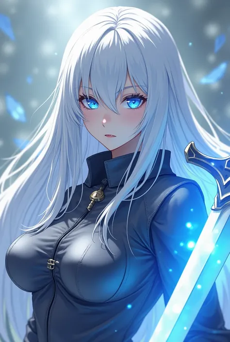 The picture shows a female adult large anime figure with long, smooth, white hair and a light blue shadow on the underside of the hair. Her eyes are as blue and bright as ice. She has a somewhat frightening aura, because she is a warlord. Her face is white...