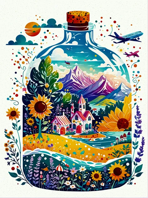 1pzsj1, (flat, user interface vector style), (world in a bottle), heavenly colors, colorful fantasy candy house, fairy tale world, spring, seaside, rios, tree house, sunflower field, lavender, mountains, peaks, big trees, (simple illustration), (smooth lin...