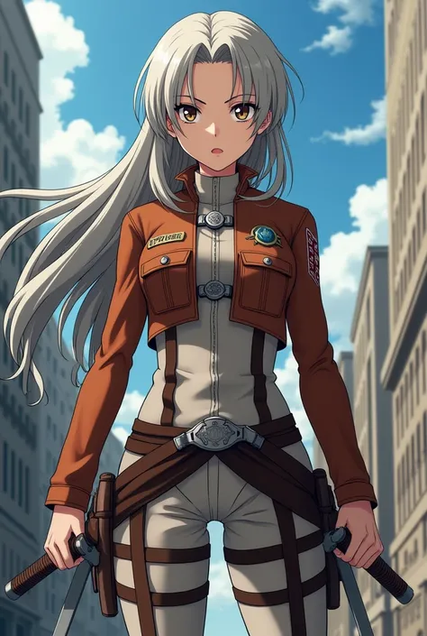 A white girl, with long silver hair, brown eyes, pink lips, serious expression, with attack on titan legion clothes, with two swords from attack on titan, full body, mappa studio style, with an attack on titan background, isayama hajime draw style