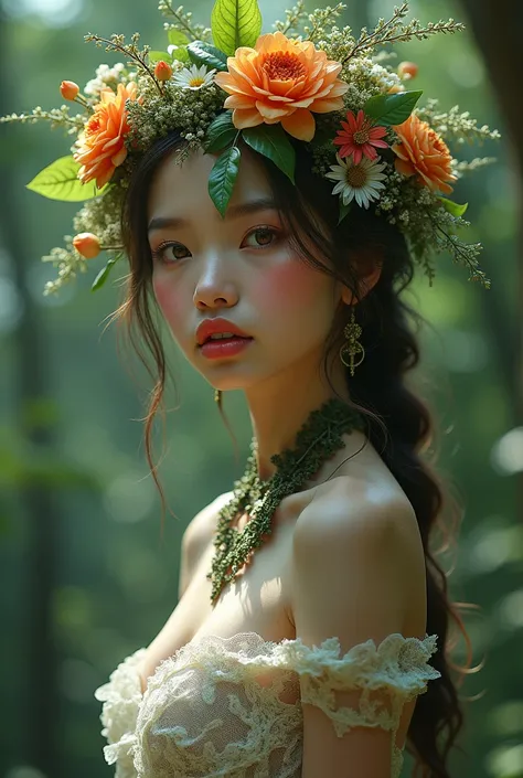 1girl with forest-inspired attire, adorned with vibrant flowers, delicate leaves, intricate mandalas, large areolae, big areolas, red lips, mesmerizing fractal patterns, wearing alluring sheer garments
