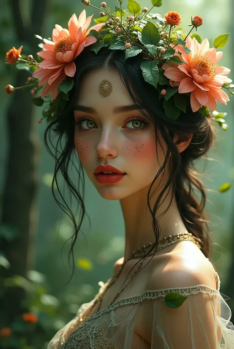 1girl with forest-inspired attire, adorned with vibrant flowers, delicate leaves, intricate mandalas, large areolae, big areolas, red lips, mesmerizing fractal patterns, wearing alluring sheer garments
