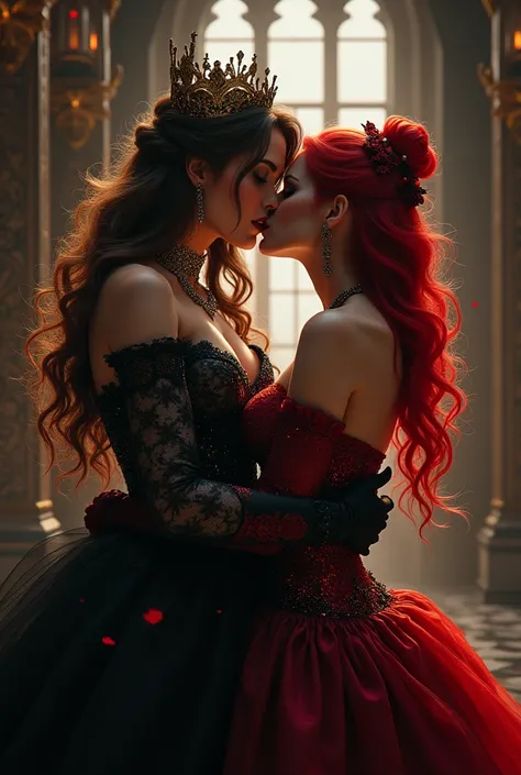 a gothic rock girl with red hair and red eyes and a badass manner kissing a brown haired princess in a royal dress