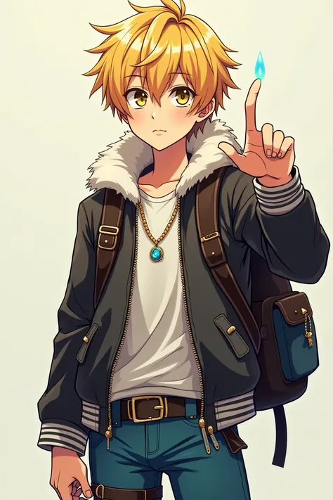 adolescent, athletic, blond hair, eyes the color of honey, Leather jacket with polar fleece on the hood, schoolbag, belt with knives, blue pants, black boots, Gold necklace with a sky-blue gem, power in one hand, anime, 4k, epic