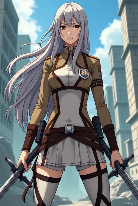 A white skin woman, with long gray hair, brown eyes, pink lips, serious expression, with attack on titan legion clothes, with two swords from attack on titan, full body, mappa studio style, with an attack on titan background, isayama hajime draw style