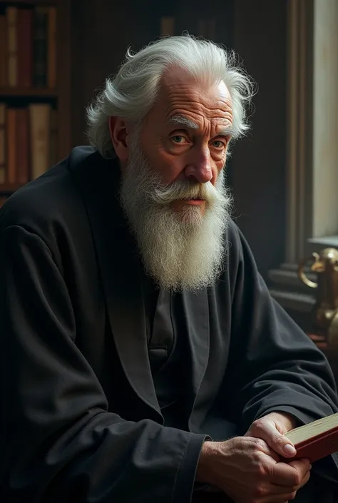 A priest, bearded and white-haired, thinking and remembering 