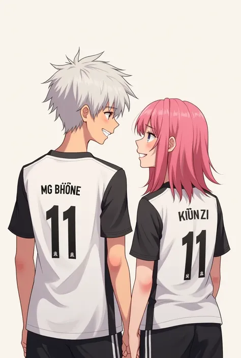 Girl and boy are wearing jersey their No. is 11.And show their back.Boy with white hair and gril with pink hair.Boy name is Mg Bhone And girl name is Khun Zi.Boy is looking her and smile and girl also looking her and smile.Boy is taller than gril.Jersey co...