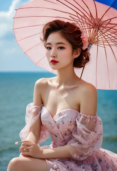 Beautiful and charming woman in fashion trend., Whole body: 1.6, holding flowers, random hairstyle, sitting under an umbrella, by sea, random color tight dress, hair blowing in the wind, Blue sky and white clouds., delicate and sexy clavicle, covering the ...