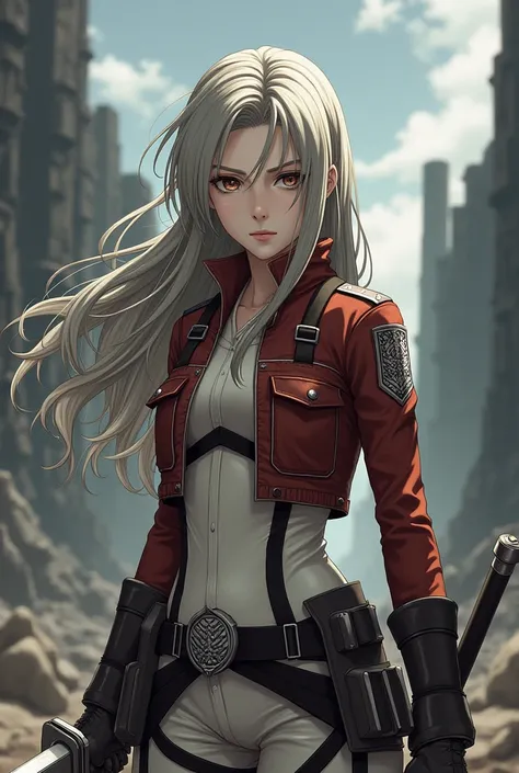 A white skin woman, with long gray blond hair, brown eyes, pink lips, serious expression, with attack on titan legion clothes, with two swords from attack on titan, full body, mappa studio style, with an attack on titan background, isayama hajime draw styl...