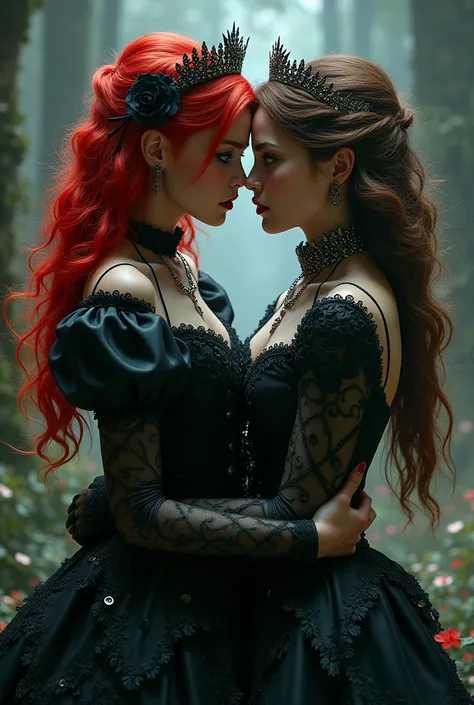 a girl with red hair red eyes tough gothic way kissing brown hair green eyes royal princess dress