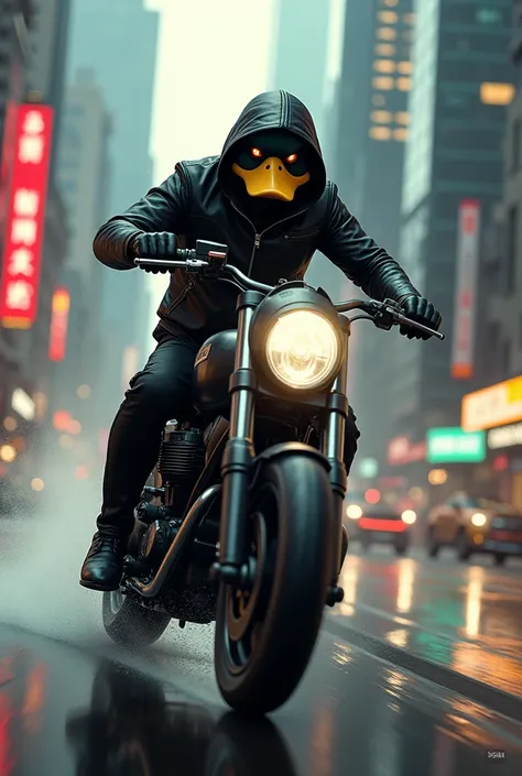 dark black biker with duck head, high speed in busy city driving a dirt bike 