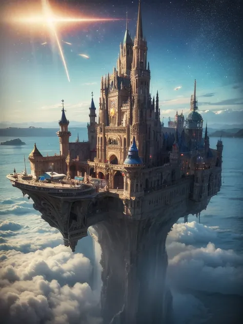 (8k, highest quality, masterpiece, final fantasy style: 1.2), (unRealistic, photoRealistic: 1.37), Dreamy landscape, Fantasy, Unsurreal landscapes, Super detailed, Flying Castle, Floating Island in the Sky, Seven-colored swirl of light, Intense lightning, ...