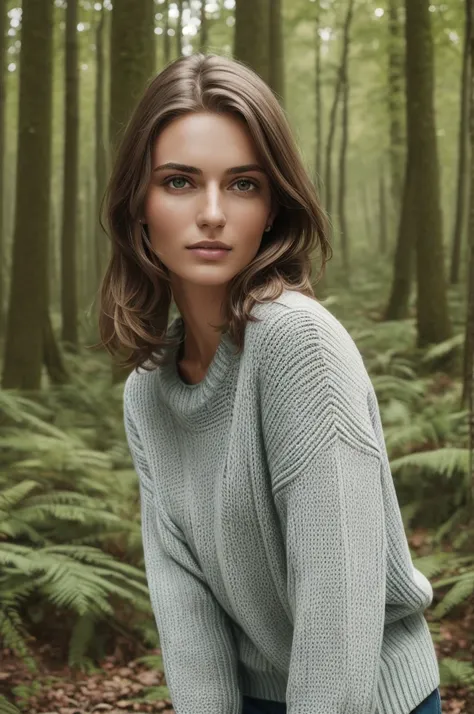 portrait of S325_JuliaEroshik,a gorgeous woman,in a (forest:1.1),wearing a (sweater:1.1),(4k, RAW photo, best quality, depth of field, ultra high res:1.1),(absurdres, intricate, photorealistic, masterpiece, ultra-detailed:1.1),