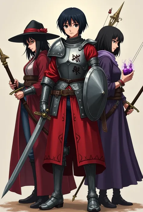  3 characters with Mikasa in the center, mikasa with short black hair wearing armor in a medieval era , full armor appearing to be a man but being a woman,holding a sword and shield on his back ,red tone clothes.with a sorceress and an archer at his side. ...