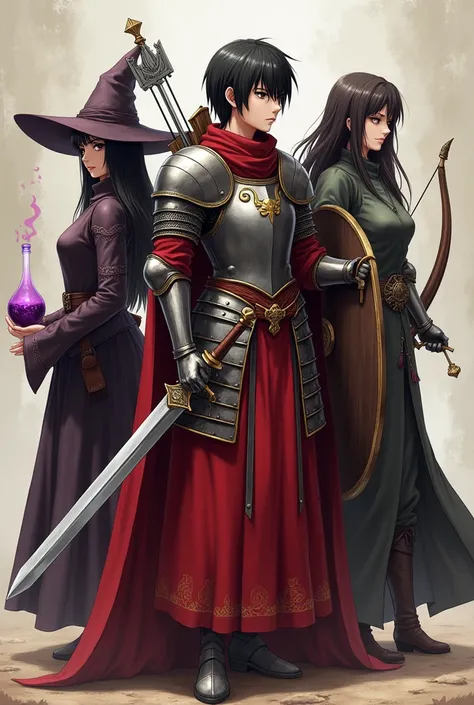  3 characters with Mikasa in the center, mikasa with short black hair wearing armor in a medieval era , full armor appearing to be a man but being a woman,holding a sword and shield on his back ,red tone clothes.with a sorceress and an archer at his side. ...