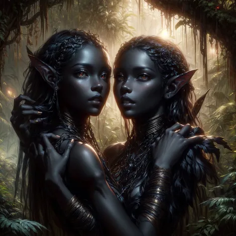 Two women with black skin and black hair standing in a jungle, beautiful science fiction twins, Beautiful twins portrait, Symmetrical epic fantasy art, Dark Elf, fauns, Abaddon und Magali Villeneuve, dark-skinned female goddess of love, detailed matte fant...