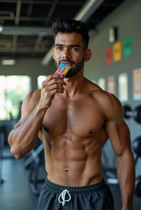 Indian gym boy eating protein bar