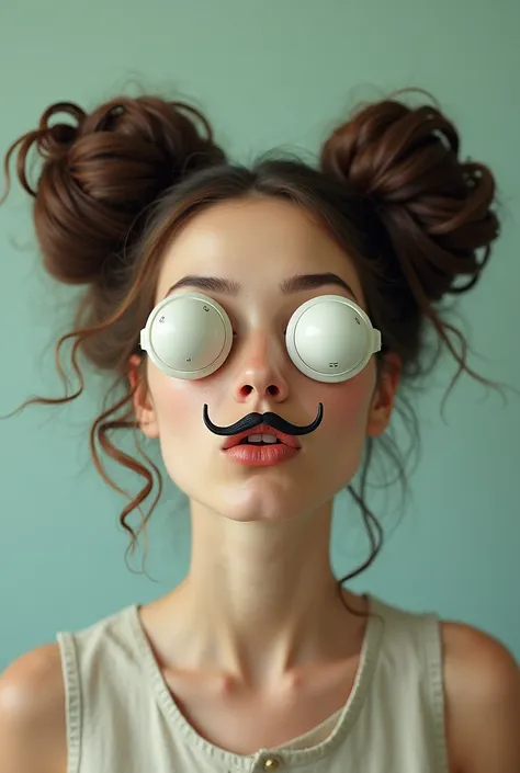 Outline of a woman with 2 buns covering her eyes with hairdressing machines and blowing a kiss with a mustache