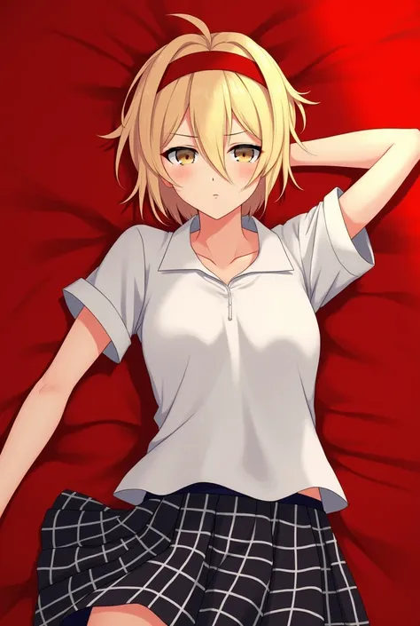 Realistic image of short-haired blonde woman with red headband in school uniform short-sleeved shirt and black and white checkered skirt lying on her back on a red bed