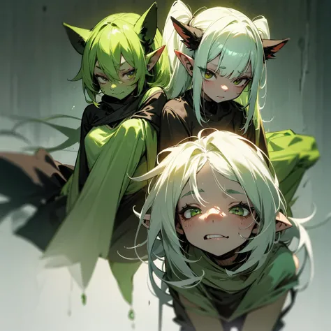 Create two goblin sisters, one that looks older and stronger and another that looks tender and weak, green skin, Long ears, and dirty clothes