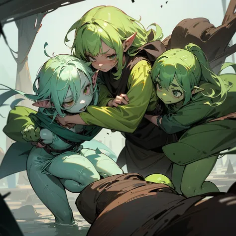 Create two goblin sisters, one that looks older and stronger and another that looks tender and weak, green skin, Long ears, and dirty clothes