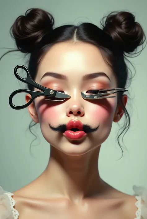 Outline of a woman with 2 buns covering her eyes with hair clippers and blowing a kiss with a mustache