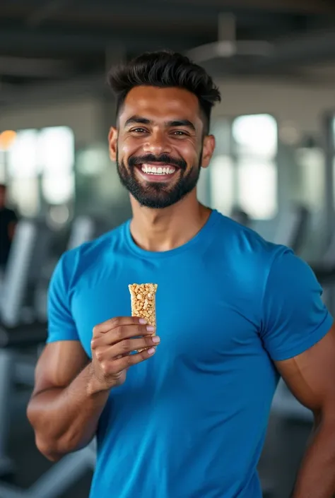 Indian gym boy waring blue shirt eating protein bar and smiling side ways pic