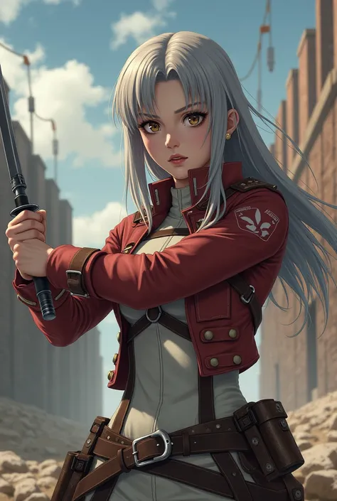 A white skin woman, with long gray blond hair, brown eyes, pink lips, serious expression, with attack on titan legion clothes, with two swords from attack on titan, full body, fighting pose , mappa studio style, with an attack on titan background, isayama ...