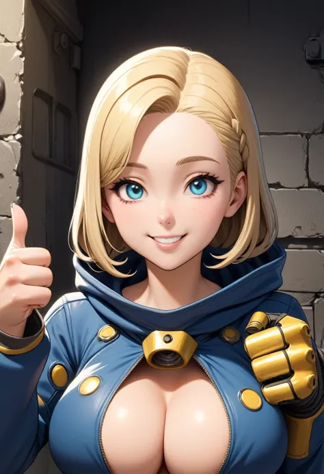 Anime, ((best quality)), ((masterpiece)), (detailed), 1girl, perfect face, happy face, smile, perfect hands, five finger, (Fallout: 1.8), (fallout vault costume: 1), portrait from the waist up, facing the camera, Crypt suit, perfect eyes, blue crypt suit, ...