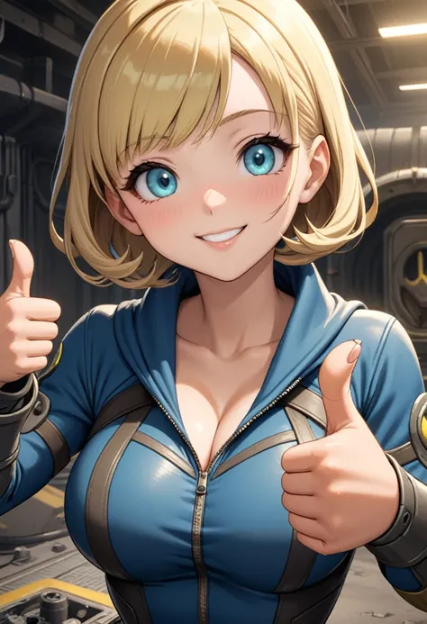 Anime, ((best quality)), ((masterpiece)), (detailed), 1girl, perfect face, happy face, smile, perfect hands, five finger, (Fallout: 1.8), (fallout vault costume: 1), portrait from the waist up, facing the camera, Crypt suit, perfect eyes, blue crypt suit, ...