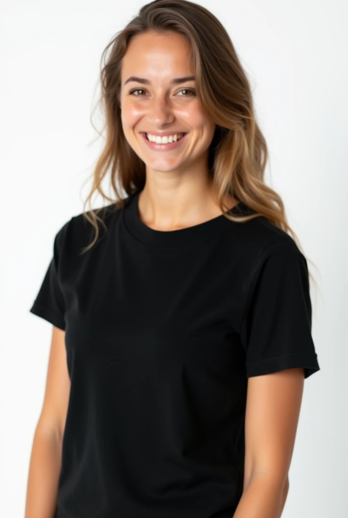 young woman in plain black unisex t-shirt, on a white background