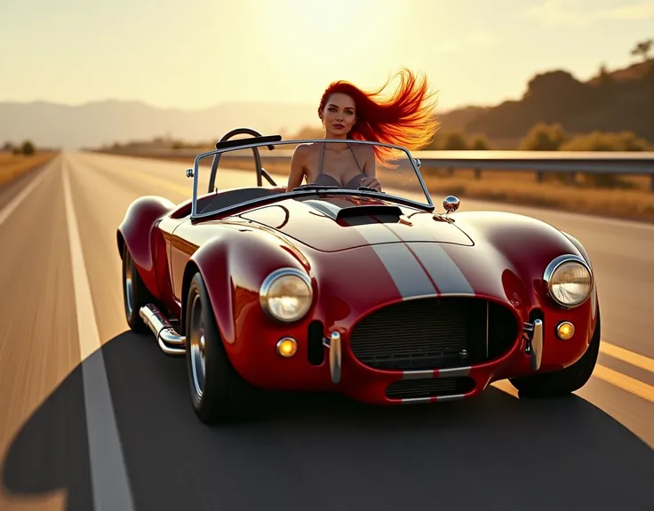 A cinematic wide-angle shot captures a ravishing redheaded pin-up girl behind the drivers wheel driving a gleaming 1966 Shelby Cobra 427 Super Snake as it speeds down the road. She exudes joy as her red hair flies in the wind as she speeds down the highway...