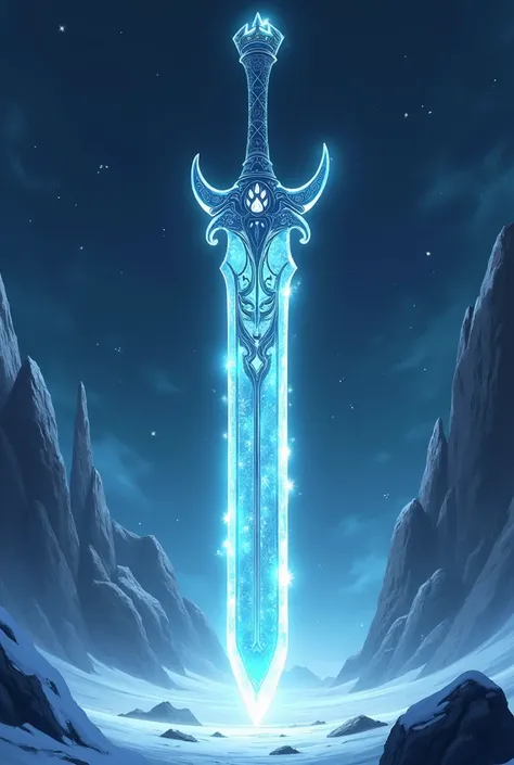 the picture shows a complete giant floating sword in anime style, which has a powerful effect. The handle is very elegantly decorated and looks as if it were made of ice. a bear paw is engraved on the upper part of the blade