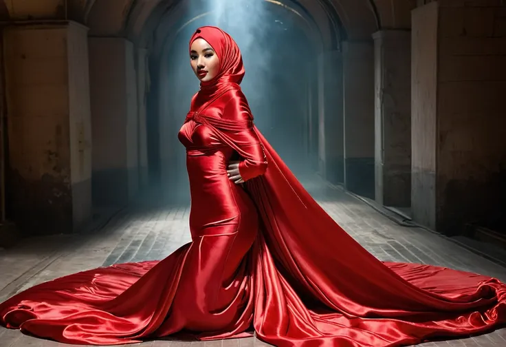 a woman shrouded in a 4-meter-long, plush red satin cloth, tightly bound and grandly draping along the form of her body, flowing...