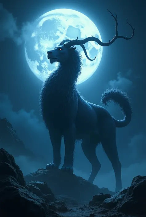 Mythology,the chimera stands under the moon which shines all around with its light
