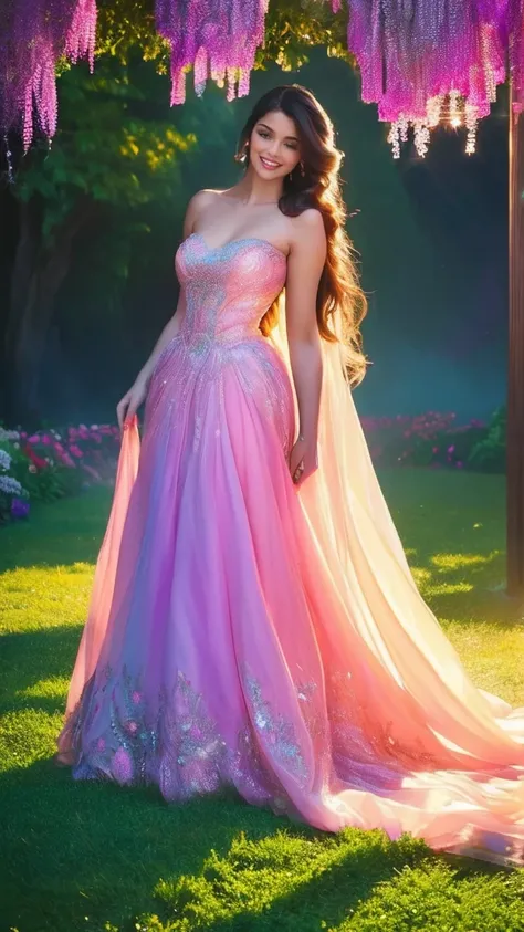 (a beautiful woman in a stunning gown of flowing silk with a radiant smile and captivating eyes),vibrant colors,highres,ultra-detailed,sharp focus,soft lighting,realistic,fantasy-inspired,portraits,subtle color palette,ethereal glow,fairytale,graceful,past...