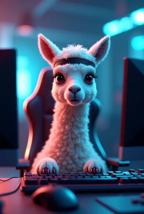 llama sitting in gaming chair , with headband ,playing on pc 