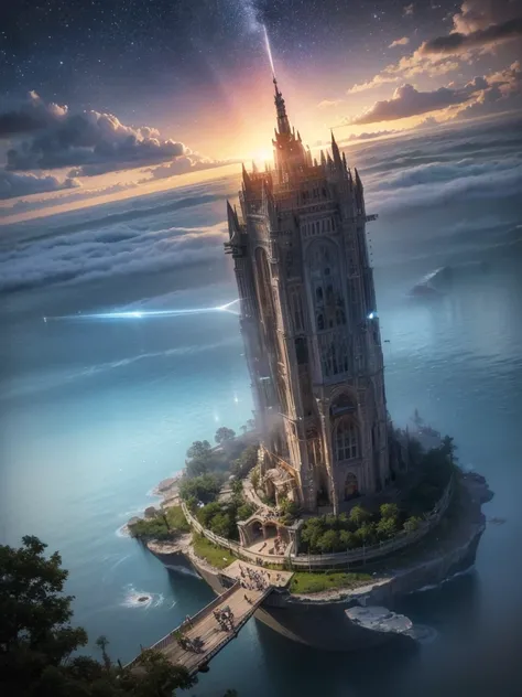 (8k, highest quality, masterpiece, final fantasy style: 1.2), (unRealistic, photoRealistic: 1.37), Dreamy landscape, Fantasy, Unsurreal landscapes, Super detailed, Flying Castle, Floating Island in the Sky, Seven-colored swirl of light, Intense lightning, ...