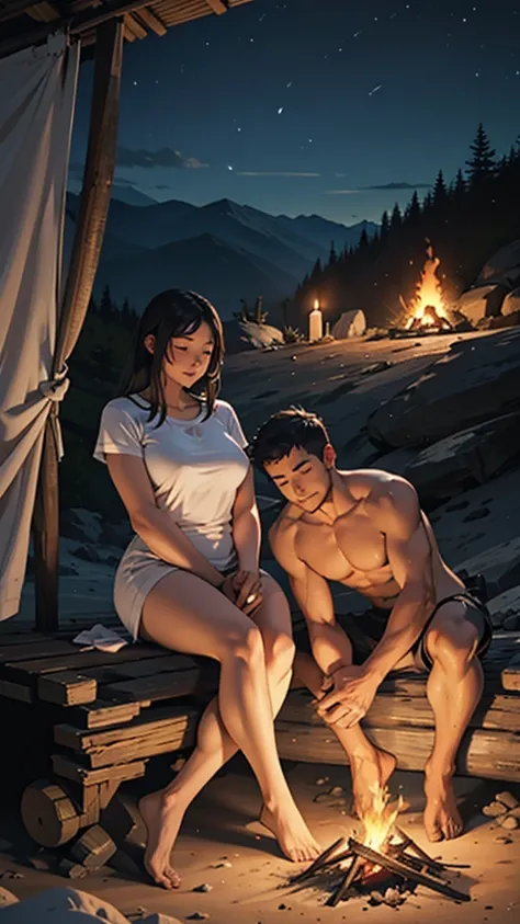 A couple is sleeping in a camp on the mountain. The women are without clothes and have big curvy hips. It is night and a fire is burning.