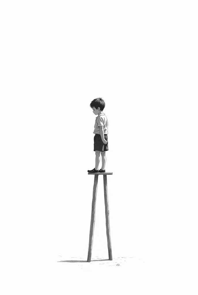 Boy on stilts, minimalist drawing on white background 