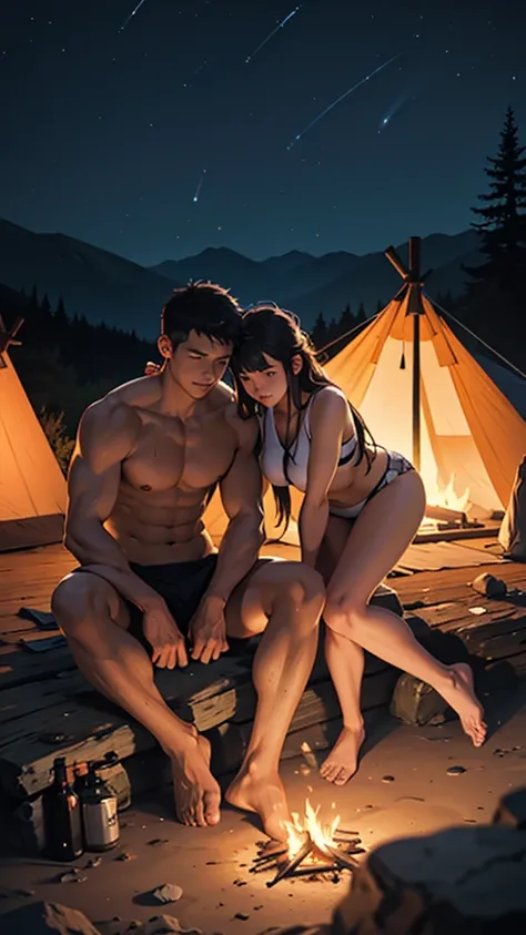 A couple is sleeping in a camp on the mountain. The women are without clothes and have big curvy hips. It is night and a fire is burning.