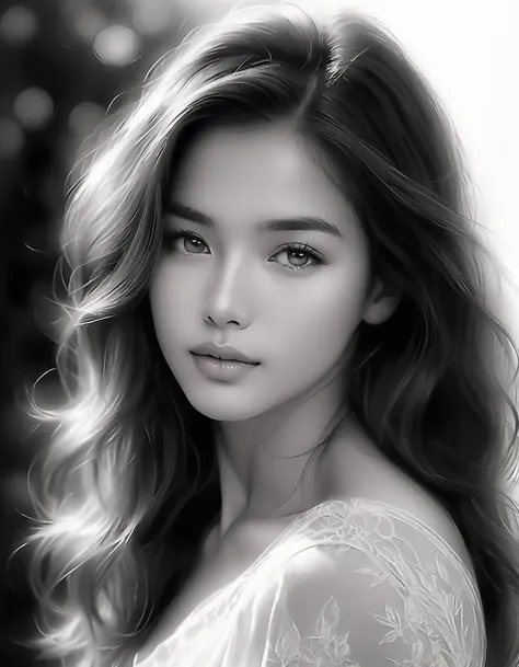 A stunning, black and white sketch photoshoot of a beautiful woman with delicate, pencil-drawn features and a soft, dreamy expression. Highly detailed, with intricate shading and a range of tones from deep blacks to bright whites. Captured with a normal le...