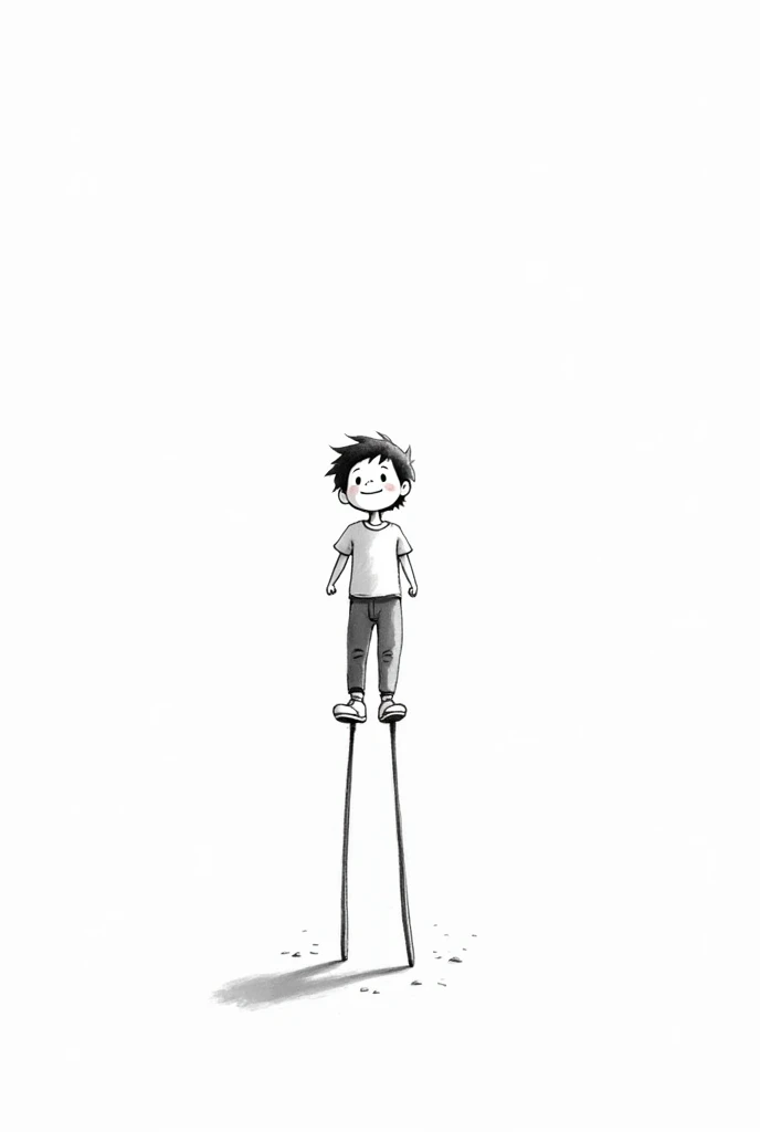 Happy boy on stilts, minimalist black and white drawing on white background 