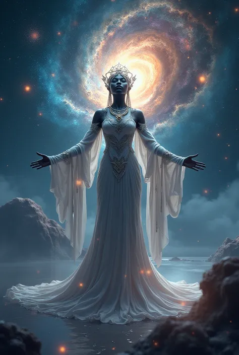 Black-skinned goddess emanating peace and love to the sidereal universe with a background of galaxies