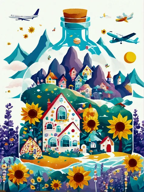 (flat, user interface vector style), (world in a bottle), heavenly colors, colorful fantasy candy house, fairy tale world, spring, seaside, rios, tree house, sunflower field, lavender, mountains, peaks, big trees, (simple illustration), (smooth line art: 1...