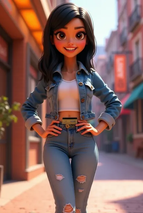 3D character from Disney animation, Pixar style, full body, smiling, brown eyes with beautiful eyelashes, the glamorous one, shoulder-length straight black hair, denim clothes, jacket, black tennis shoes, clean bottom. cinematic lighting, ray tracing, high...