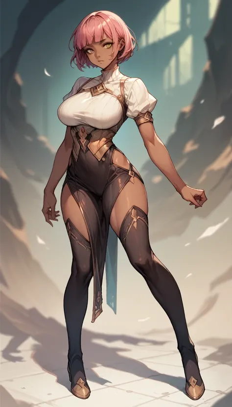 sexy pose, pink hair, (short bangs hair:1.36), detailed yellow eyes, narrow waist, depth of field, 1girl, (on a background:1.3), (full body), big breasts, wide hips, athletic figure, ((thigh cutout)), (((dark skin))),